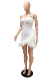 White Sexy Solid Patchwork See-through Backless Spaghetti Strap Sleeveless Dress