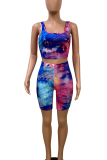 Blue Sexy Print Patchwork Square Collar Sleeveless Two Pieces