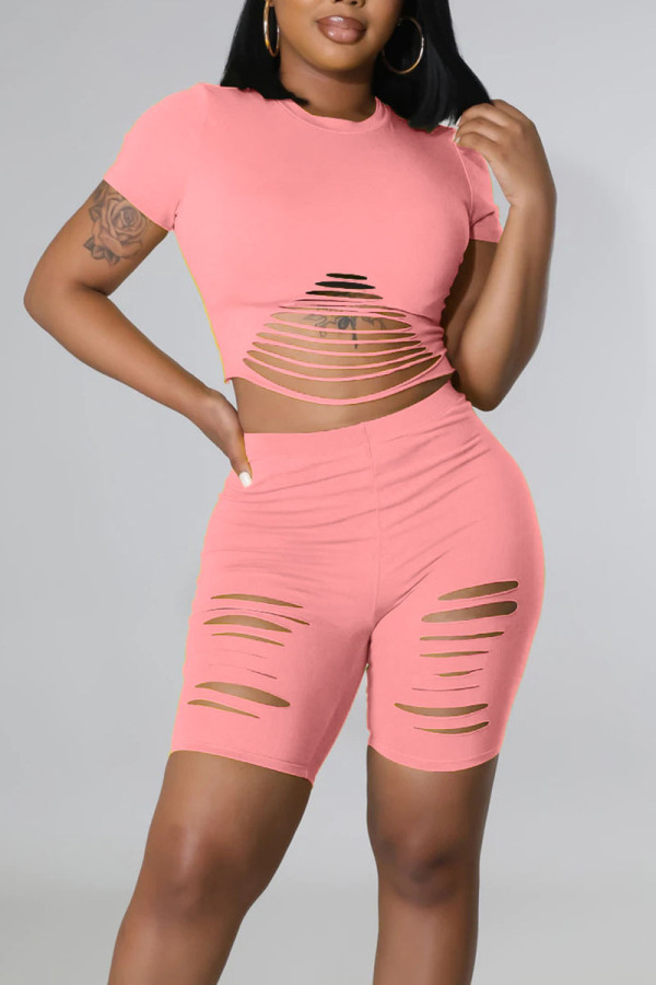Pink Casual Street Solid Hollowed Out Split Joint O Neck Short Sleeve Two Pieces