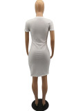 White Fashion Casual Lips Printed Patchwork O Neck Short Sleeve Dress Dresses