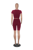 Burgundy Casual Solid Split Joint O Neck Short Sleeve Two Pieces