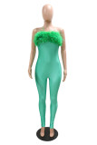 Green Fashion Casual Solid Patchwork Backless Strapless Skinny Jumpsuits