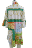 Colour Fashion Print Patchwork V Neck Cake Skirt Dresses