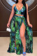 Green Sexy Print Slit Spaghetti Strap Sleeveless Two Pieces