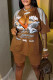 Brown Casual Street Print Tassel Patchwork V Neck Short Sleeve Two Pieces
