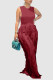 Burgundy Fashion Casual Solid Tassel Patchwork O Neck Sleeveless Two Pieces