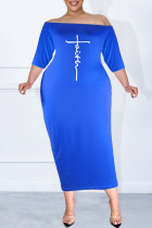 Blue Sexy Casual Letter Print Split Joint Off the Shoulder One Step Skirt Plus Size Dresses