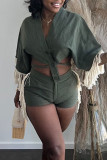 Gray Green Sexy Solid Tassel Patchwork Buckle Asymmetrical V Neck Half Sleeve Two Pieces