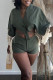 Gray Green Sexy Solid Tassel Patchwork Buckle Asymmetrical V Neck Half Sleeve Two Pieces