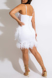 White Sexy Solid Patchwork See-through Backless Spaghetti Strap Sleeveless Dress
