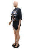 Black Fashion Print Tassel Patchwork O Neck Short Sleeve Dress