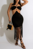 Khaki Sexy Solid Tassel Bandage Hollowed Out Backless Halter Strapless Dress Dresses