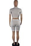 White Casual Solid Split Joint Zipper Short Sleeve Two Pieces