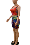 Blue Sexy Print Patchwork Square Collar Sleeveless Two Pieces