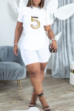 Blue Casual Print Bandage Asymmetrical O Neck Short Sleeve Two Pieces