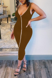 Coffee Sexy Solid Patchwork U Neck Skinny Jumpsuits