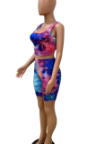 Blue Sexy Print Patchwork Square Collar Sleeveless Two Pieces