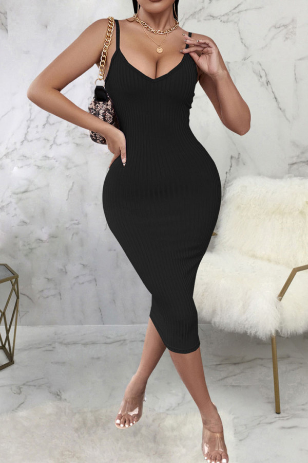 Black Sexy Solid Patchwork Spaghetti Strap One Step Skirt Dresses