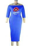 Blue Sexy Casual Lips Printed Split Joint Off the Shoulder One Step Skirt Plus Size Dresses