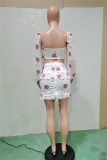 White Fashion Sexy Print Bandage Hollowed Out Backless Off the Shoulder Long Sleeve Two Pieces