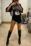 Black Fashion Print Tassel Patchwork O Neck Short Sleeve Dress