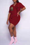 Red Fashion Casual Print Basic V Neck Short Sleeve Two Pieces