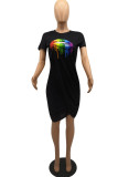 White Fashion Casual Lips Printed Patchwork O Neck Short Sleeve Dress Dresses