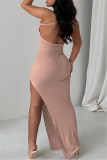 Pink Sexy Casual Solid Backless Slit Spaghetti Strap Long Dress