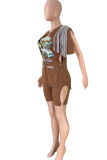 Deep Blue Casual Street Print Tassel Patchwork V Neck Short Sleeve Two Pieces