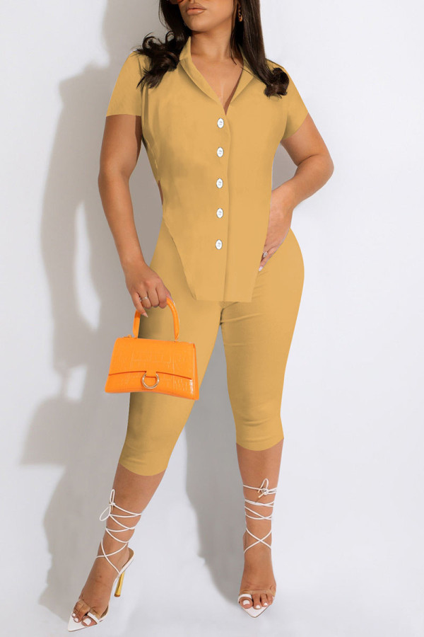 Khaki Fashion Casual Solid Asymmetrical Turndown Collar Short Sleeve Two Pieces