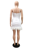 White Sexy Solid Patchwork See-through Backless Spaghetti Strap Sleeveless Dress