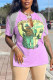 Pink Sexy Street Print Tassel Patchwork Slit V Neck T-Shirts
