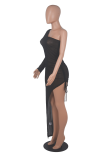 Black Sexy Solid Mesh One Shoulder Pencil Skirt Dresses