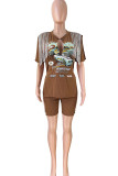 Deep Blue Casual Street Print Tassel Patchwork V Neck Short Sleeve Two Pieces