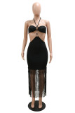 Khaki Sexy Solid Tassel Bandage Hollowed Out Backless Halter Strapless Dress Dresses