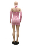 Purple Fashion Sexy Solid Hollowed Out Backless Halter Sleeveless Dress
