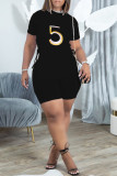 Blue Casual Print Bandage Asymmetrical O Neck Short Sleeve Two Pieces