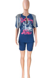 Deep Blue Casual Street Print Tassel Patchwork V Neck Short Sleeve Two Pieces