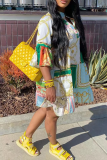 Colour Fashion Print Patchwork V Neck Cake Skirt Dresses
