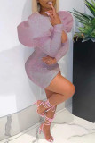 Pink Fashion Casual Solid Hollowed Out Sequins O Neck Evening Dress