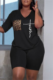 Red Fashion Casual Print Basic V Neck Short Sleeve Two Pieces