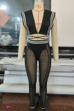Black Sexy Street Solid Bandage Patchwork See-through Sleeveless Two Pieces