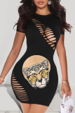 Camel Fashion Print Ripped O Neck Pencil Skirt Dresses