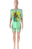 Deep Blue Casual Street Print Tassel Patchwork V Neck Short Sleeve Two Pieces