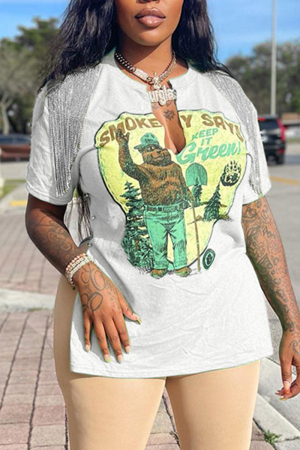 White Sexy Street Print Tassel Patchwork Slit V Neck T-Shirts