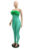 Green Fashion Casual Solid Patchwork Backless Strapless Skinny Jumpsuits