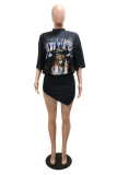 Black Fashion Print Tassel Patchwork O Neck Short Sleeve Dress