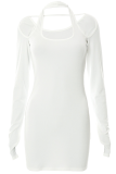 White Sexy Solid Patchwork U Neck Pencil Skirt Dresses
