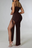 Coffee Sexy Solid Patchwork Draw String Slit Fold Spaghetti Strap Straight Dresses