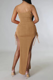 Coffee Sexy Solid Patchwork Draw String Slit Fold Spaghetti Strap Straight Dresses